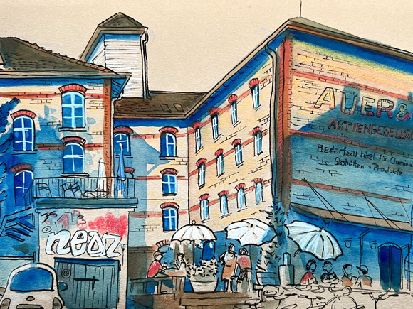 Watercolor and fineliner drawing of an ald idustrial building with umbrellas and people